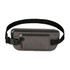A grey fanny pack with RFID blocking features, equipped with a black strap and several zippered compartments.