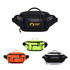 Expandable bum bags in black, bright green, orange, and white, featuring multiple zippered compartments and a logo.