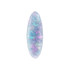 An oval iridescent hair clip featuring hues of blue, purple, and pink, with a glossy finish and a branding logo.