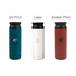 A drink bottle with a double wall design, available in teal, white, and red, featuring a black lid and branding.
