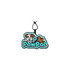 A custom felt hanging tag featuring a playful dog graphic, predominantly in turquoise, brown, and black.