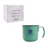 A drink bottle featuring a mint green finish and a handle, accompanied by a box for a 350ml insulated mug.
