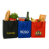 Three insulated grocery totes in black, blue, and red, filled with various groceries including fruits, vegetables, and a drink bottle.