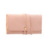 A pink synthetic leather jewellery bag, featuring a flap closure and a strap for secure fastening.