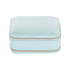 A light blue PU leather jewellery case with a zipped closure. It features a smooth surface and has a mirror inside.