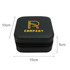A black PU leather jewellery box with a zipper, featuring a logo on the top. Dimensions are 10cm x 10cm x 5cm.