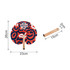 A fan with a peach shape design featuring red and blue patterns, complemented by a wooden handle. It has branding visible.