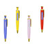 A set of four pens in purple, yellow, pink, and red with gold accents and a logo.