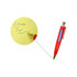 A red pen with a gold clip and a blue section, resting beside a yellow notepad with handwritten lines.