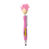 A pink pen with a mop head topper, featuring a smiling face and a clip. It includes a stylus at the opposite end.