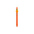 An orange pen featuring a carrot-shaped clip design and a branding logo.