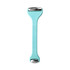 A double-headed ice massager roller in light blue with silver accents and a textured grip.
