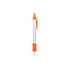 A pen with a white barrel, orange accents, and a display area for messages. It has a click mechanism and a comfortable grip.