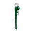 A green pipe wrench shaped ballpoint pen with silver detailing and a small logo on the side.