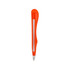 An orange knife-shaped ballpoint pen with a silver tip and a clip on the side. It features a branding logo.