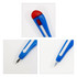 A blue pen shaped like a knife, featuring a red cap and silver accents, with a logo visible.