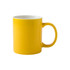 A yellow ceramic mug with a white interior and a sturdy handle. It features a smooth, glossy finish and has a logo.