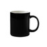 A ceramic mug with a black exterior and a white interior, featuring a handle and a logo.