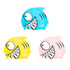 A silicone swim cap featuring a fish design, available in blue, yellow, and pink colours. Contains branding.
