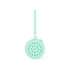 A round mint green silicone pouch with holes and a strap, featuring a zip closure and a logo.