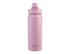 A drink bottle with a quick release cap, featuring a pink finish and a logo on the front.