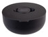 A black insulated lunch bowl with a lid, featuring a logo on top. Ideal for keeping food fresh.