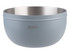 A double wall salad bowl in light blue with a stainless steel interior and a logo.