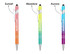 Three stylus pens in vibrant colours: orange, green, blue, and purple, each featuring a logo.
