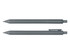 A grey ballpoint pen displayed from two angles, featuring a clip and smooth body design.