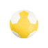 A yellow and white handball with a machine-stitched design and an embedded logo.