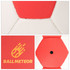 A hand-stitched handball in red and white, featuring a logo and a black valve.