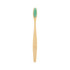 A large bamboo toothbrush with a wooden handle and a turquoise bristle head, displaying a simple logo.