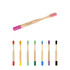 A small, round-handle bamboo toothbrush in pink, surrounded by colourful bamboo toothbrushes in various shades.