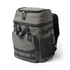 A grey backpack cooler featuring multiple zippered compartments, a mesh side pocket, and adjustable straps.