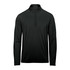 A black 1/4 zip pullover for men with long sleeves, featuring a collar and a logo on the sleeve.
