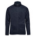 A full zip fleece jacket in navy blue featuring a high collar and a visible zipper. The jacket has a logo.