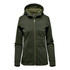 A women's hoody in dark green with a zip front and a lined hood. It features a logo on the chest.