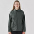 A woman wearing a dark grey full zip rain jacket with a stand collar and a logo on the chest.