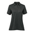 A women's short-sleeve polo in dark grey, featuring a classic collar and three buttons, with a logo on the chest.