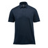 A navy blue men's polo shirt with a collared neck and short sleeves, featuring a logo.