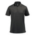 A black men's polo shirt featuring a collar, three buttons, and a logo on the chest.