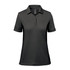 A women's short-sleeve polo shirt in black with a collar and a branding logo.