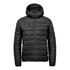 A black puffer jacket with a hood, featuring a quilted design and a front zipper. It has a logo on the chest.