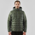 A green puffer jacket with a hood, featuring a quilted design and a front zip. Includes a logo.