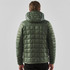 A men's puffer jacket in a muted green colour, featuring a hood and a quilted pattern on the back.