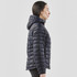 A woman's puffer jacket in dark navy, featuring a hood and a quilted design, with a logo on the sleeve.