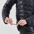 A black women's puffer jacket, featuring a zippered front and drawstring adjustments at the hem.