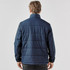A thermal puffer jacket in navy, featuring a quilted design and a high collar. It has a logo on the exterior.