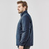 A men's puffer jacket in navy blue, featuring a zip and a stand-up collar. It has a branding logo on the chest.