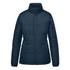 A women's puffer jacket in navy blue, featuring a zip-up front and high collar. It has a logo on it.